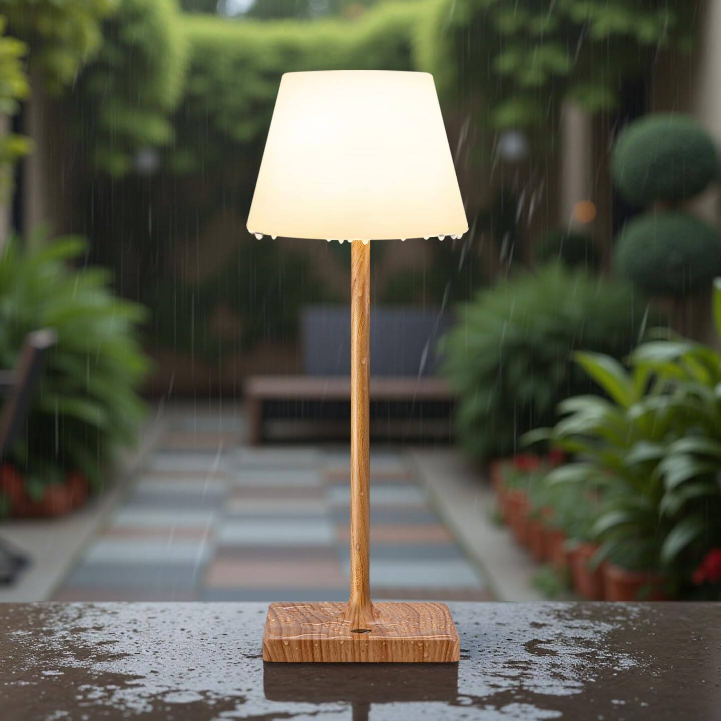 Dazzling Pops - Outdoor Waterproof Cordless Table Lamp 4000mAh Portable Rechargeable Battery Powered Dimmable LED Touch - Wood Grain + White PE Plastic Lampshde