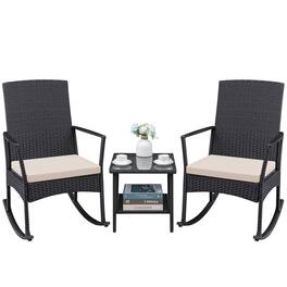 Fabibe - 3 Pieces Patio Furniture Set Outdoor Wicker Rocking Chairs with Glass Coffee Table for Garden Backyard Porch - Beige