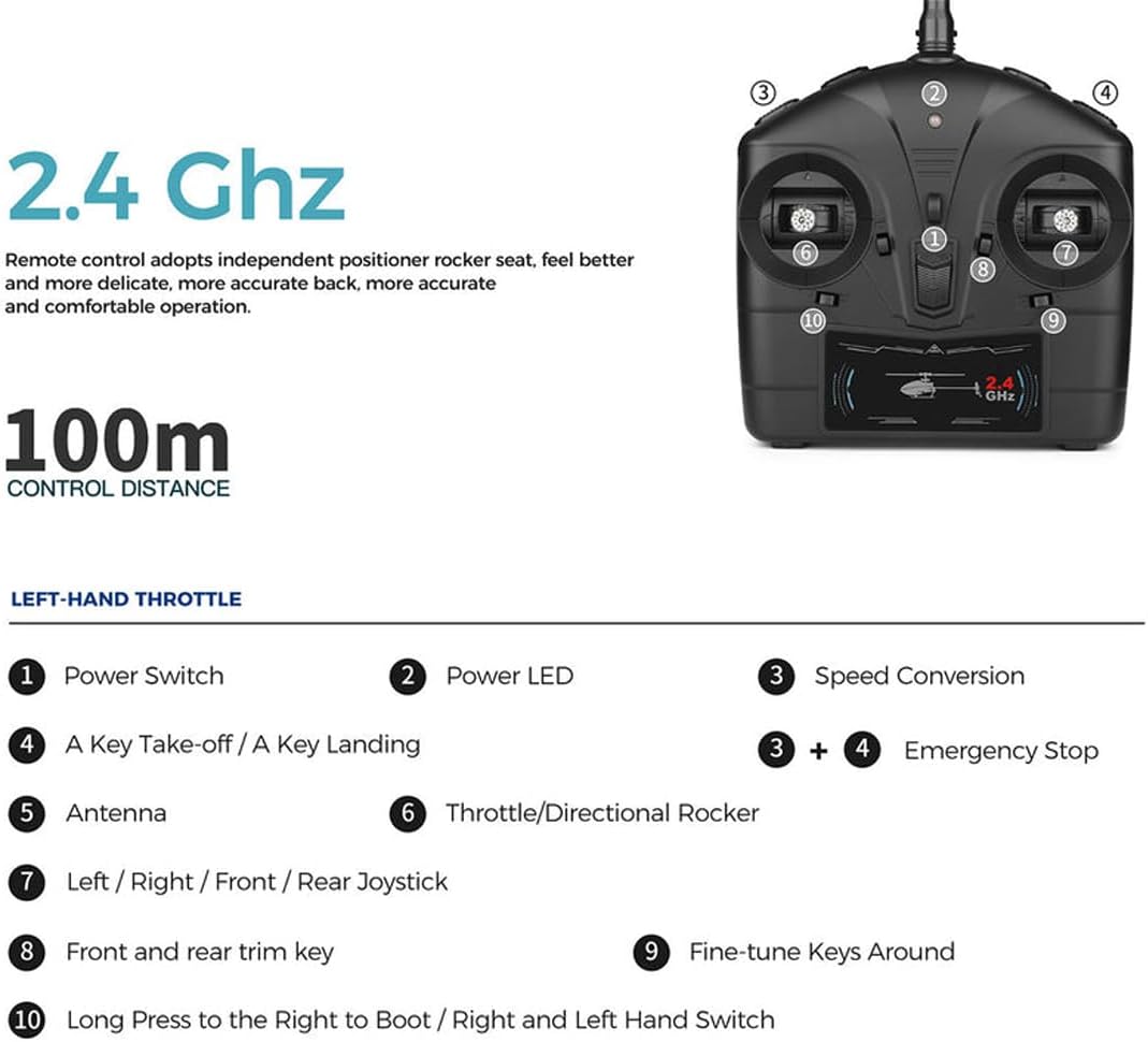 2.4 GHz Remote control adopts independent positioner rocker seat, feel better and more delicate, more accurate back, more accurate and comfortable operation.

100m CONTROL DISTANCE
2.4 GHz
LEFT-HAND THROTTLE

1. Power Switch
2. Power LED
3. Speed Conversion
4. A Key Take-off / A Key Landing
5. Antenna
6. Throttle/Directional Rocker
7. Left / Right / Front / Rear Joystick
8. Front and rear trim key
9. Fine-tune Keys Around
10. Long Press to the Right to Boot / Right and Left Hand Switch