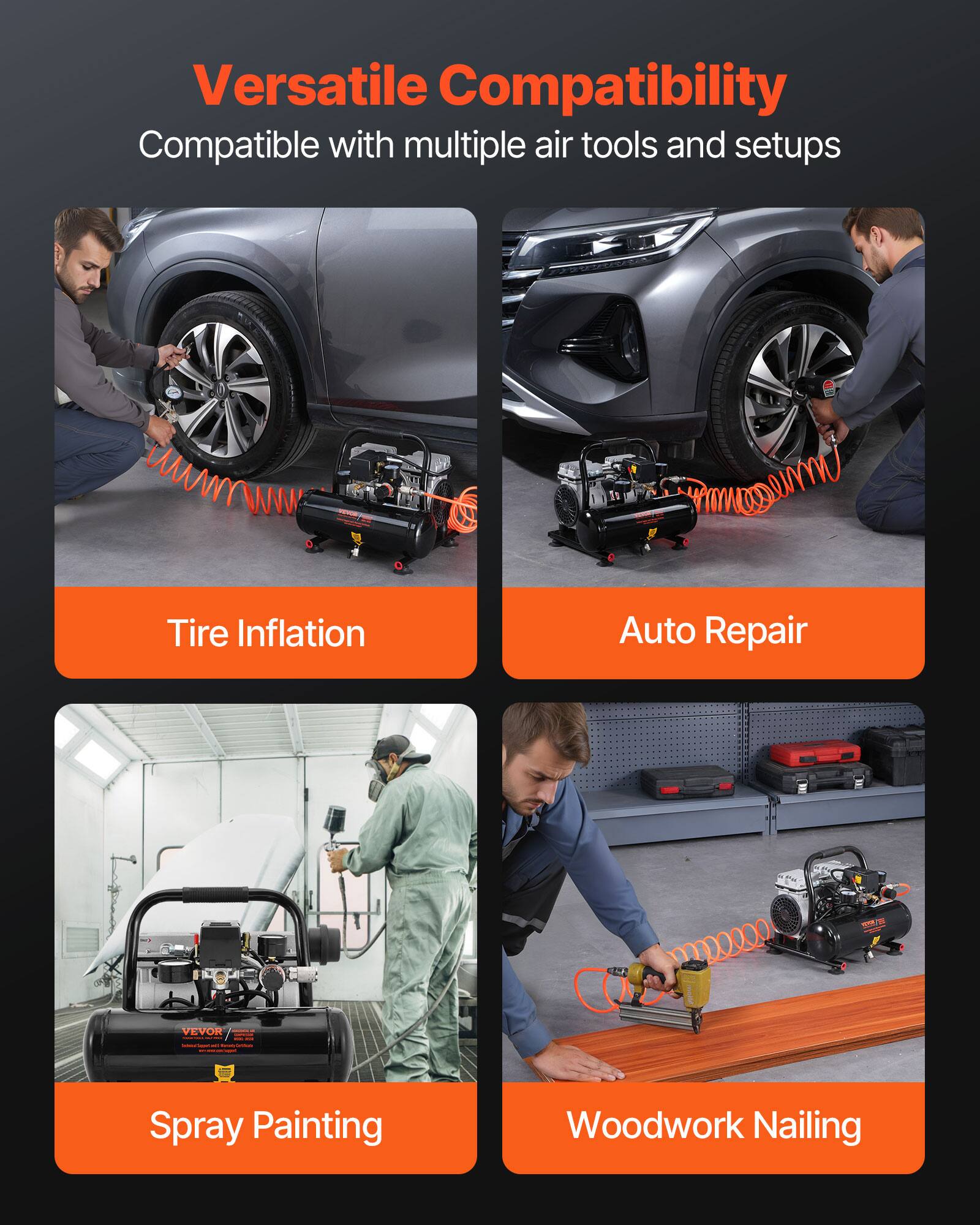 Versatile Compatibility  
Compatible with multiple air tools and setups

Tire Inflation  
Auto Repair  
Spray Painting  
Woodwork Nailing
