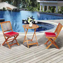 Costway - 3PCS Patio Folding Wooden Bistro Set Cushioned Chair Conversation Garden - Natural+Red
