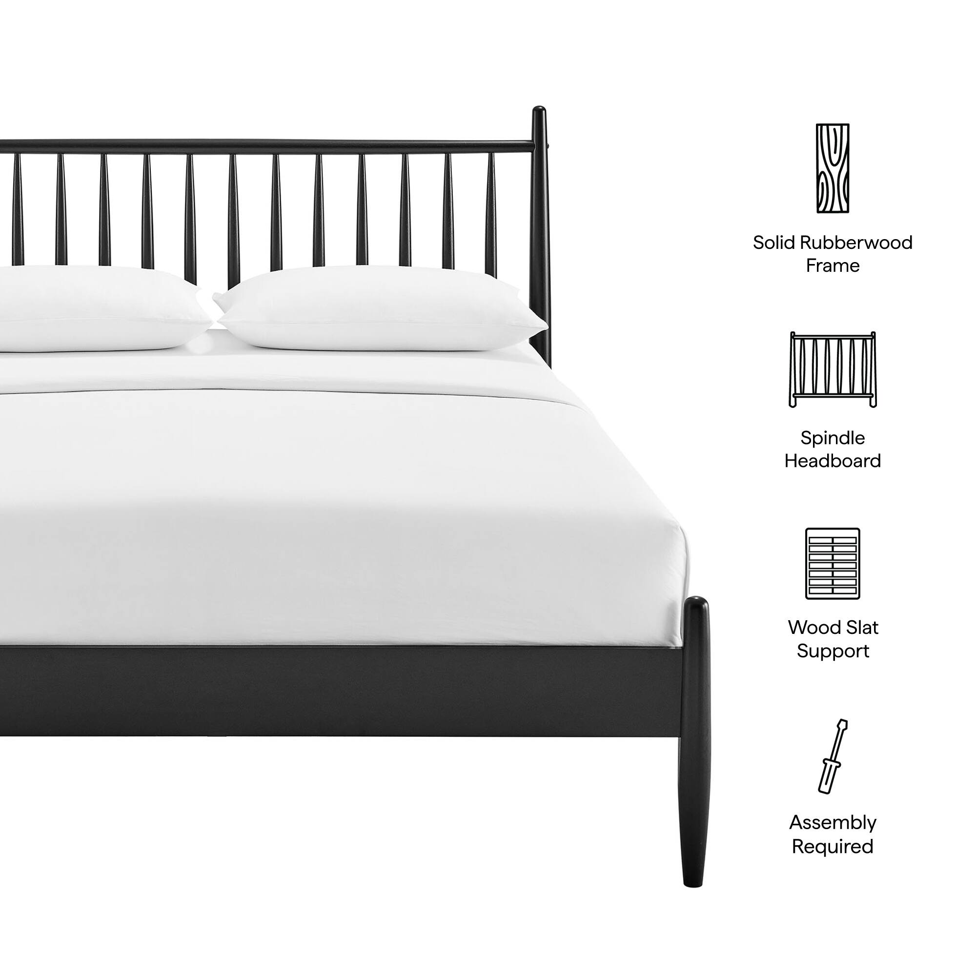 Solid Rubberwood Frame Spindle Headboard Wood Slat Support Assembly Required
