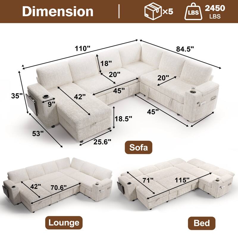 Dimension  
Sofa: 110" x 84.5" x 45" x 42" x 18.5" x 35" x 9" x 25.6"  
Lounge: 42" x 70.6"  
Bed: 71" x 115"  
Weight: 2450 LBS  
Boxes: x5