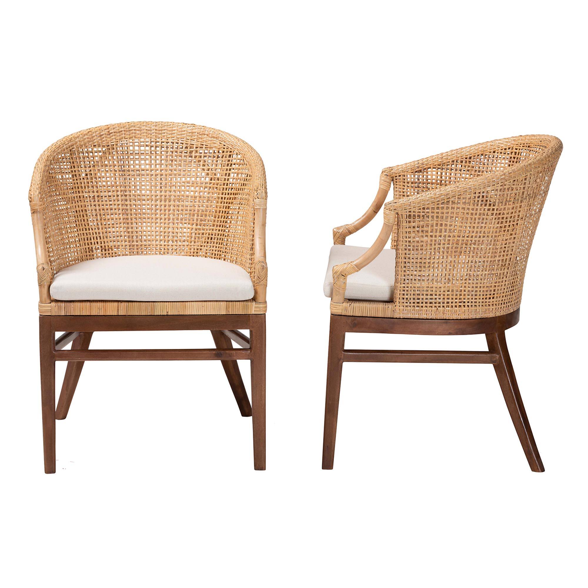 Left. bali & pari - Lumajang Bohemian Rattan and Wood 2-Piece Dining Chair Set - Light Honey/White/Walnut Brown.