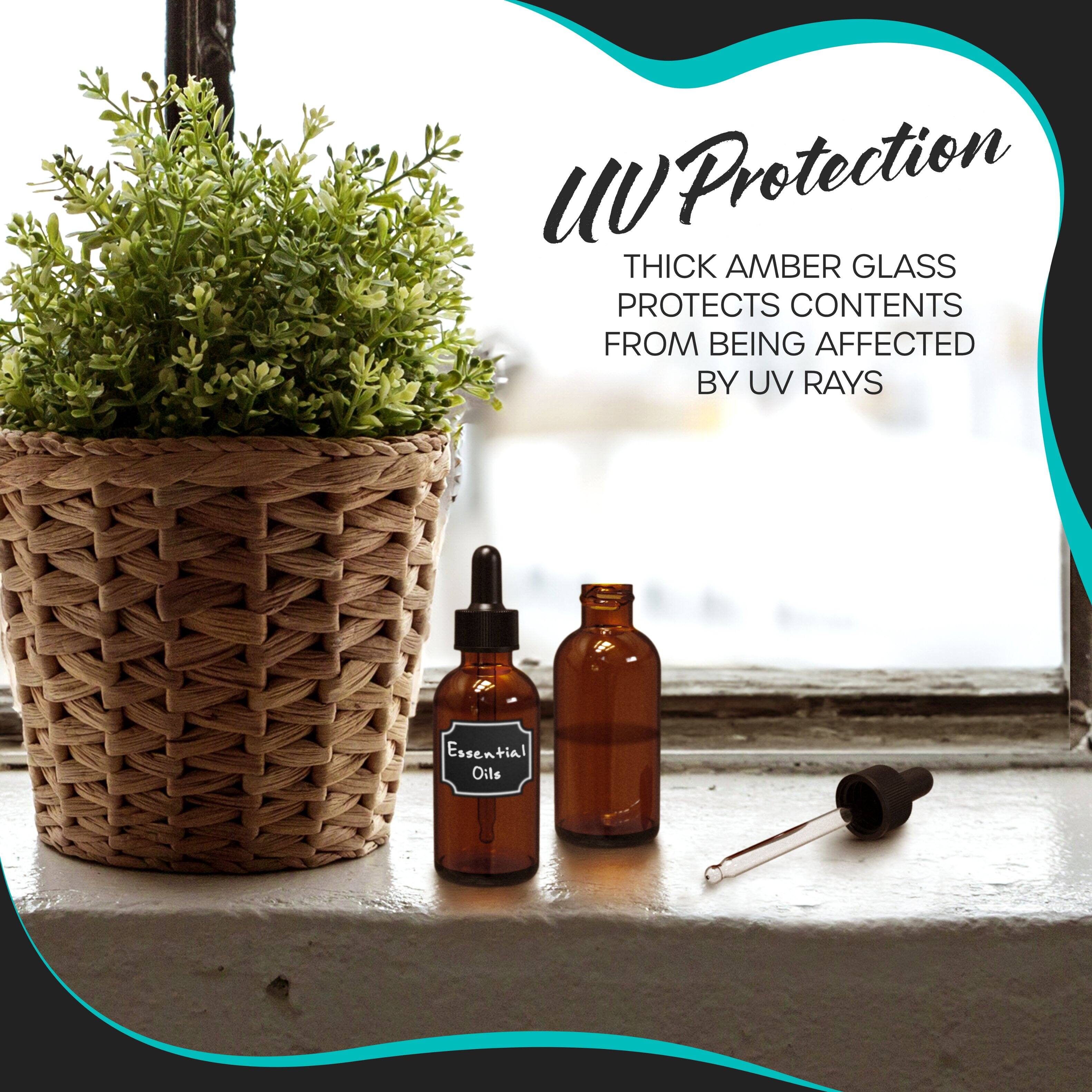 UV Protection  
THICK AMBER GLASS PROTECTS CONTENTS FROM BEING AFFECTED BY UV RAYS  

Essential Oils