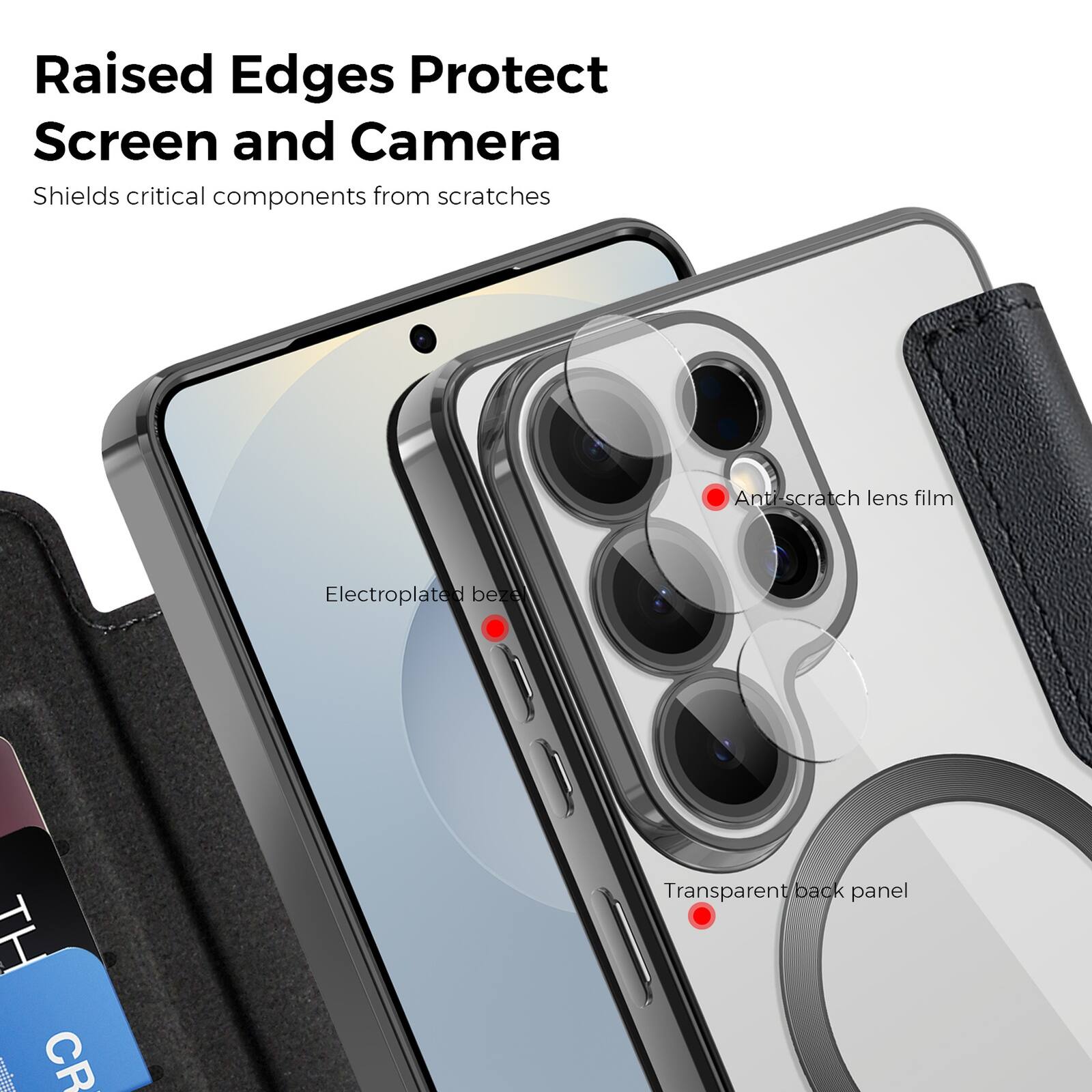 Raised Edges Protect Screen and Camera  
Shields critical components from scratches  

Anti-scratch lens film  
Electroplated bezel  
Transparent back panel