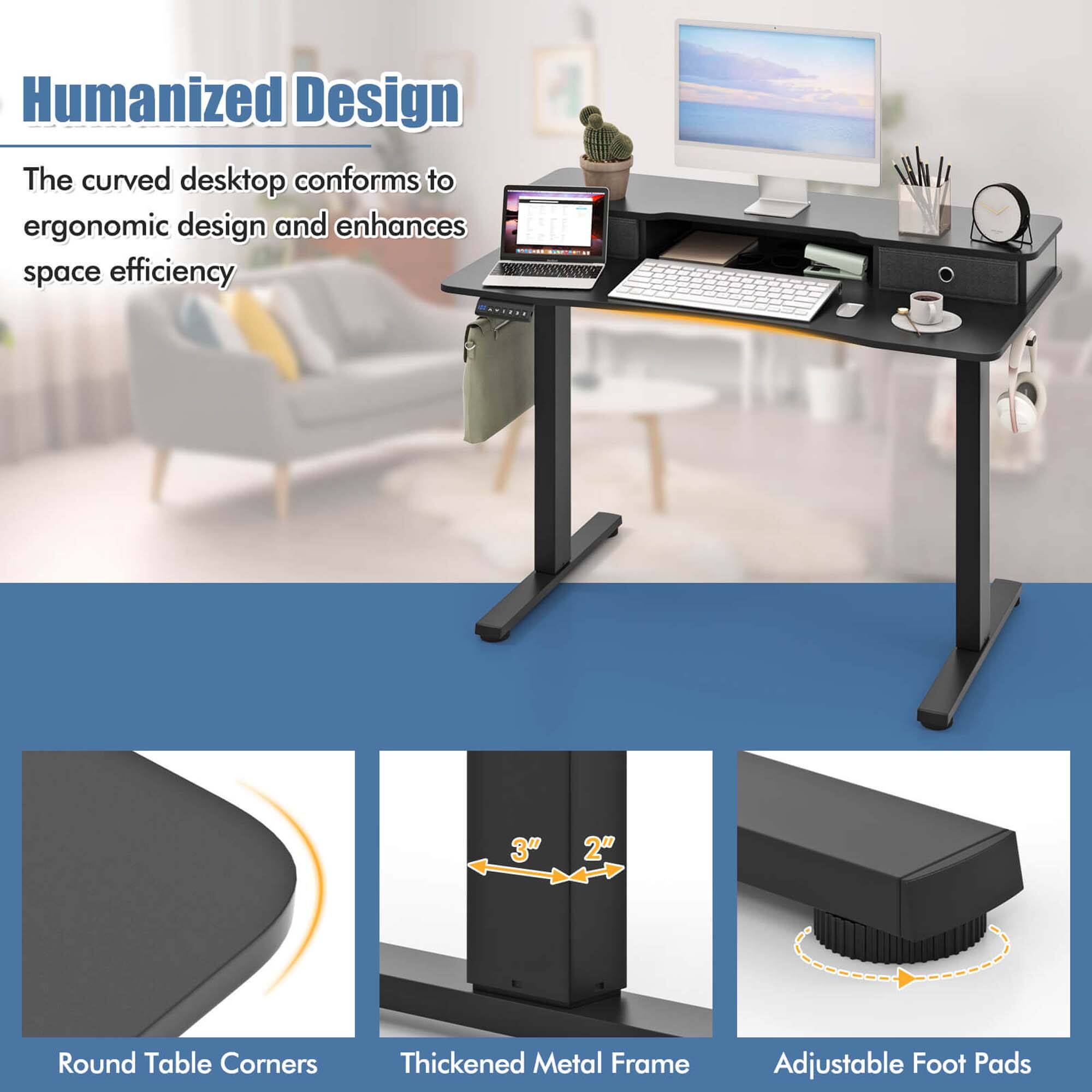 Humanized Design

The curved desktop conforms to ergonomic design and enhances space efficiency

- Round Table Corners
- Thickened Metal Frame
- Adjustable Foot Pads

3" 2"