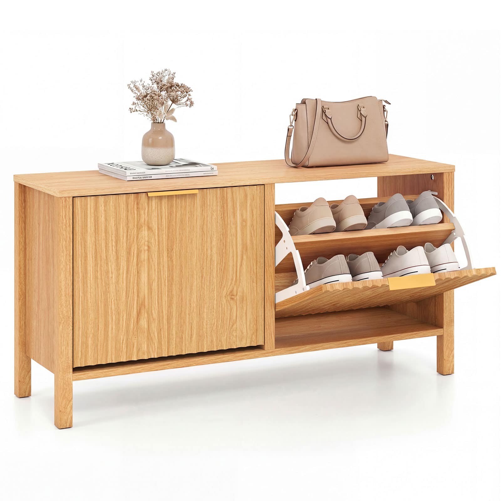 Gymax - Shoe Storage Bench Narrow Wooden Entryway Bench w/ 2 Flip Drawers for Hallway - Yellow