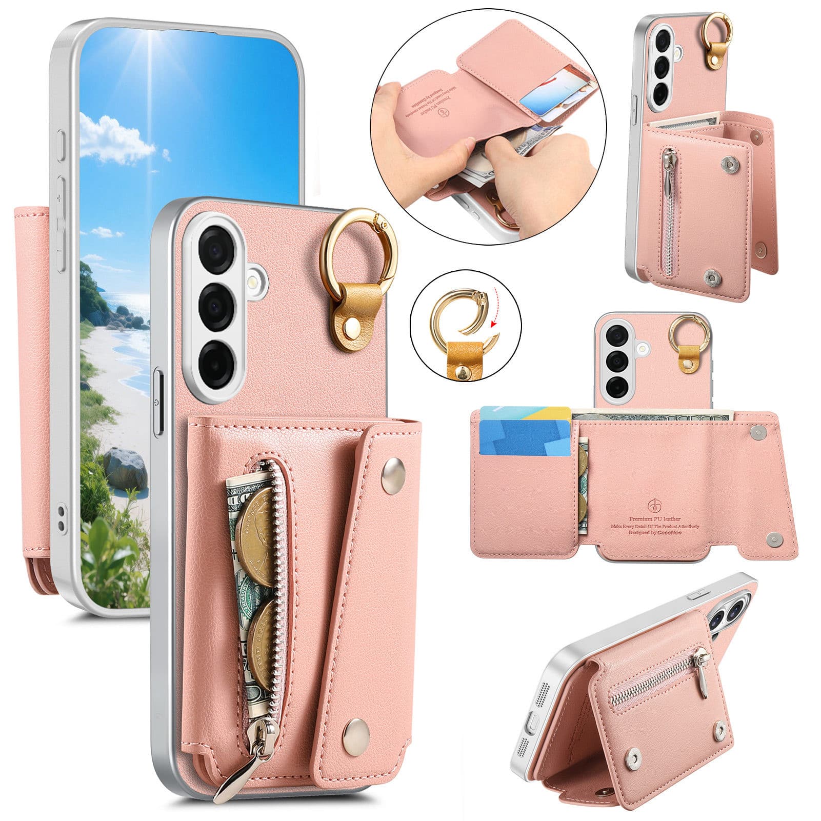Dteck - PU Leather Zipper Wallet Phone Case for Samsung Galaxy A16 5G with Ring Buckle, Shockproof Kickstand Protective Cover - Pink price history on PriceWatchPro