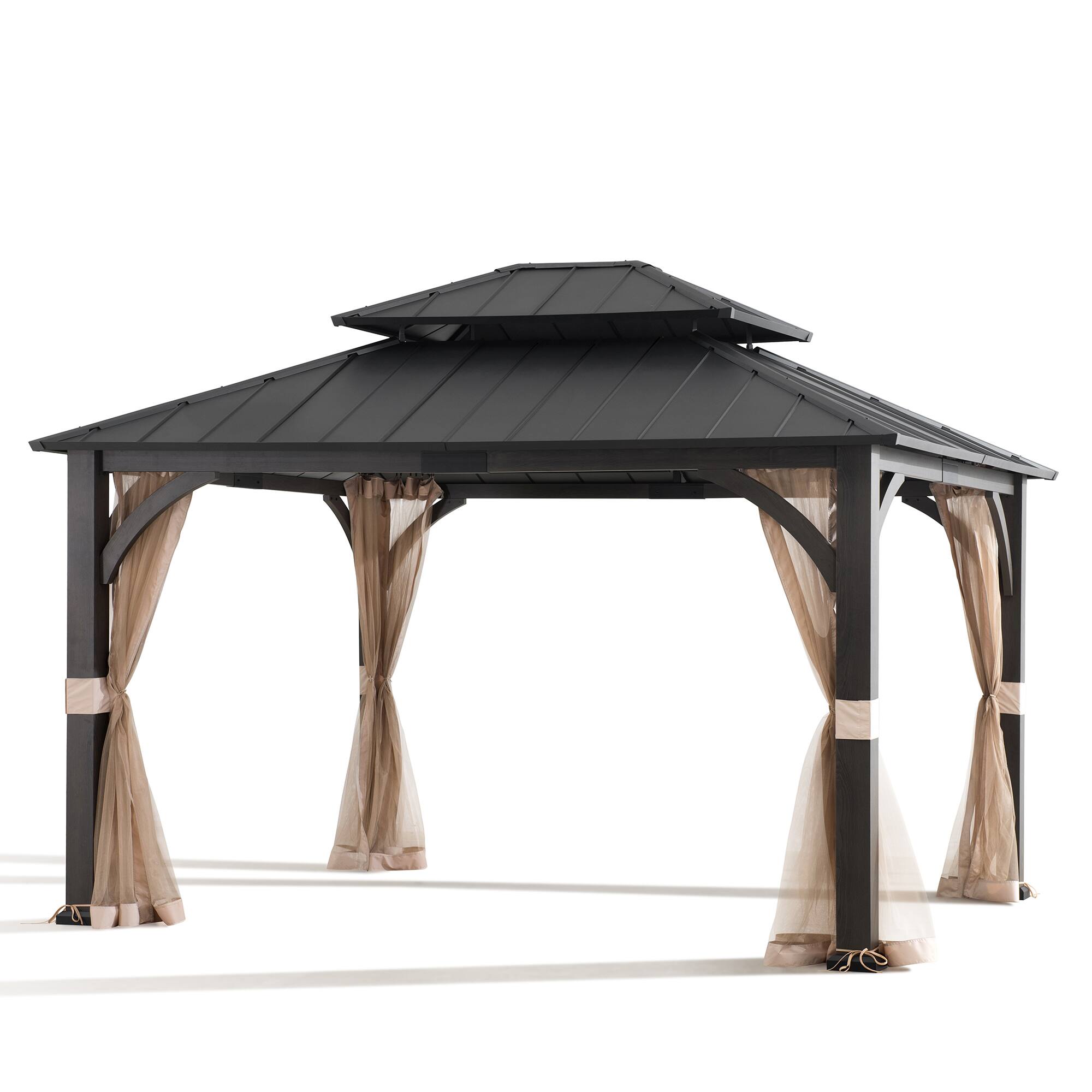 Angle. SUNJOY - SUNJOY 2-Tier Steel Roof Woodgrain Tall Gazebo 13' × 15' - Black.
