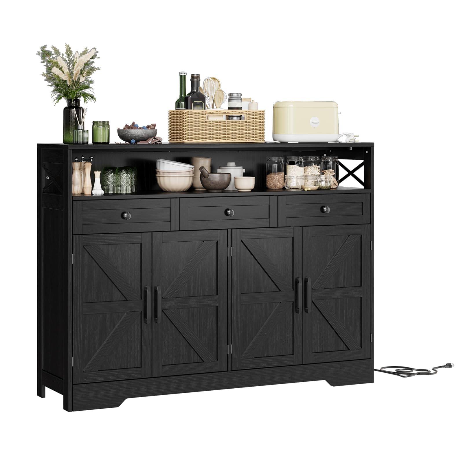 Angle. Jojoka - Farmhouse Sideboard Buffet Cabinet with Drawers, Open Shelf & Charging Station - Black.