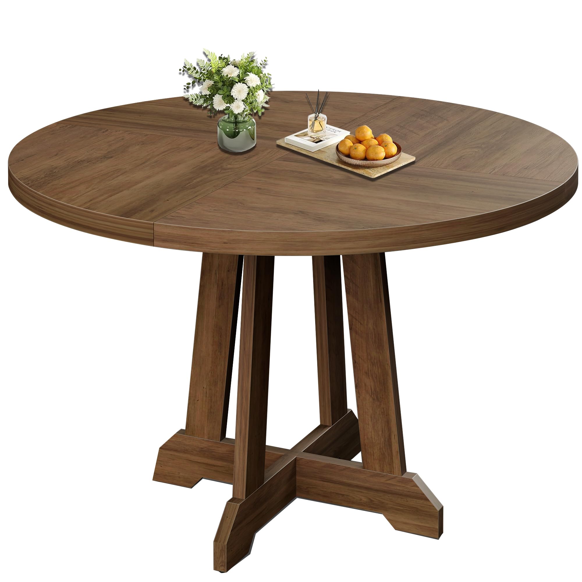 Front. Babevy - 47" Round Dining Table for 4-6 People, Farmhouse Wooden Kitchen Table with Reinforced Base and Adjustable Foot Pads - Brown.