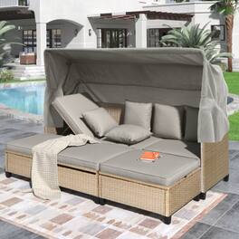 Siljoy - TOPMAX 4 Piece UV-Proof Resin Wicker Patio Sofa Set with Retractable Canopy, Cushions and Lifting Table - Brown