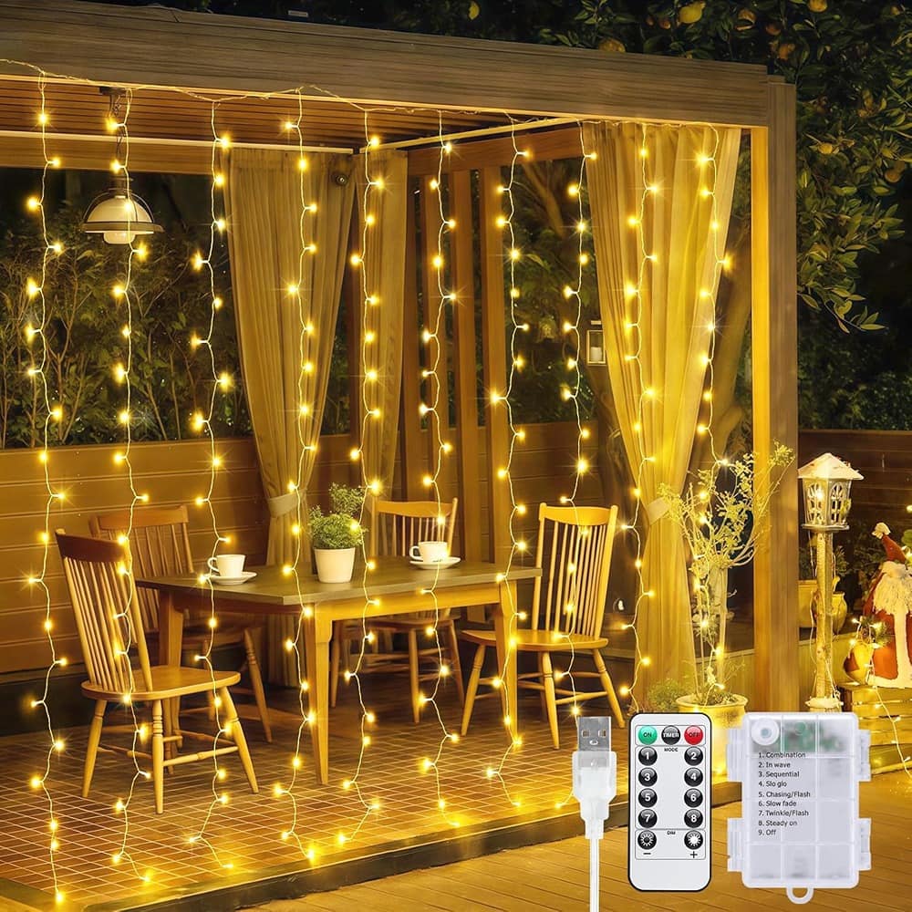 MOSZAR LLC - LED Curtain String Lights – 200 LEDs, Warm White, Battery/USB Powered