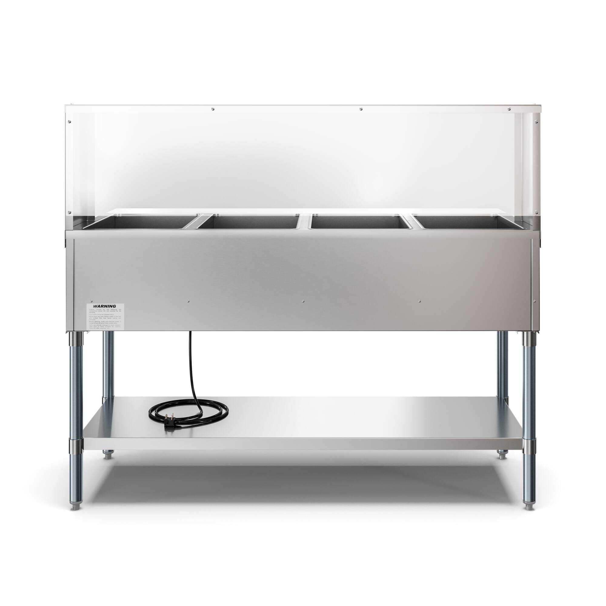 Angle. Koolmore - Four Pan Open Well Electric Steam Table with Undershelf and Sneeze-Guard, KM-OWS-4SG. - Silver.