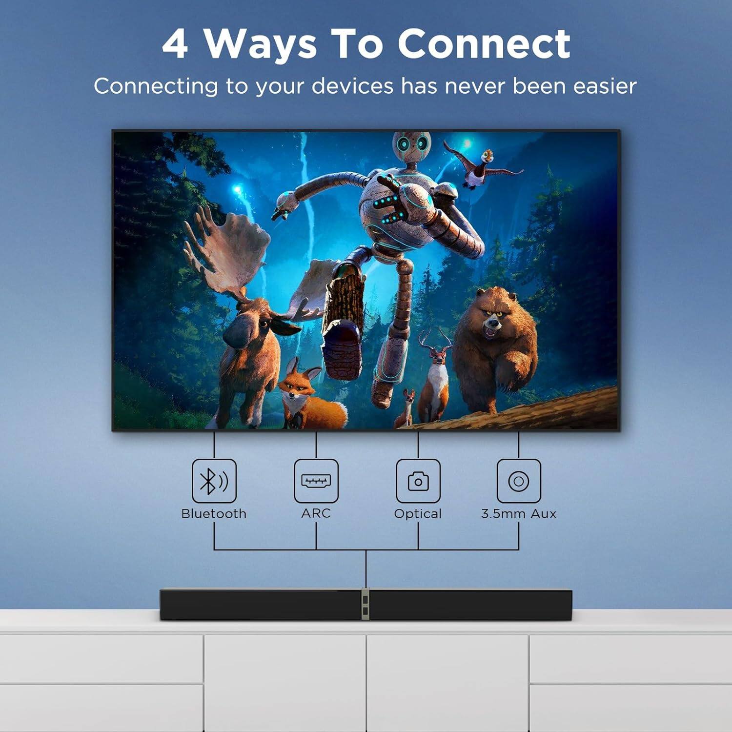 4 Ways To Connect  
Connecting to your devices has never been easier  
Bluetooth ARC Optical 3.5mm Aux