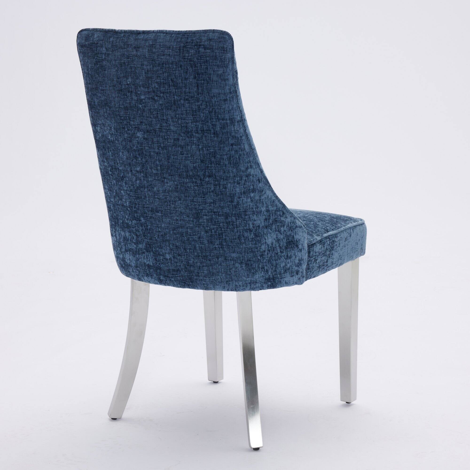 Alt View 2. GOODSILO - Luxury Chenille Fabric Upholstered Dining Chairs with Golden Stainless Steel Legs, Set of 2 - Blue.