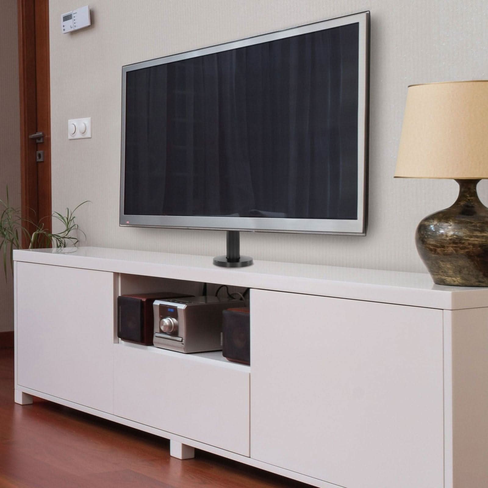 Left. Mount-It! - Bolt‑Down TV Stand for 24″–43″ Flat & Curved Screens with Heavy‑Duty Steel Construction and Swivel Viewing - Black.