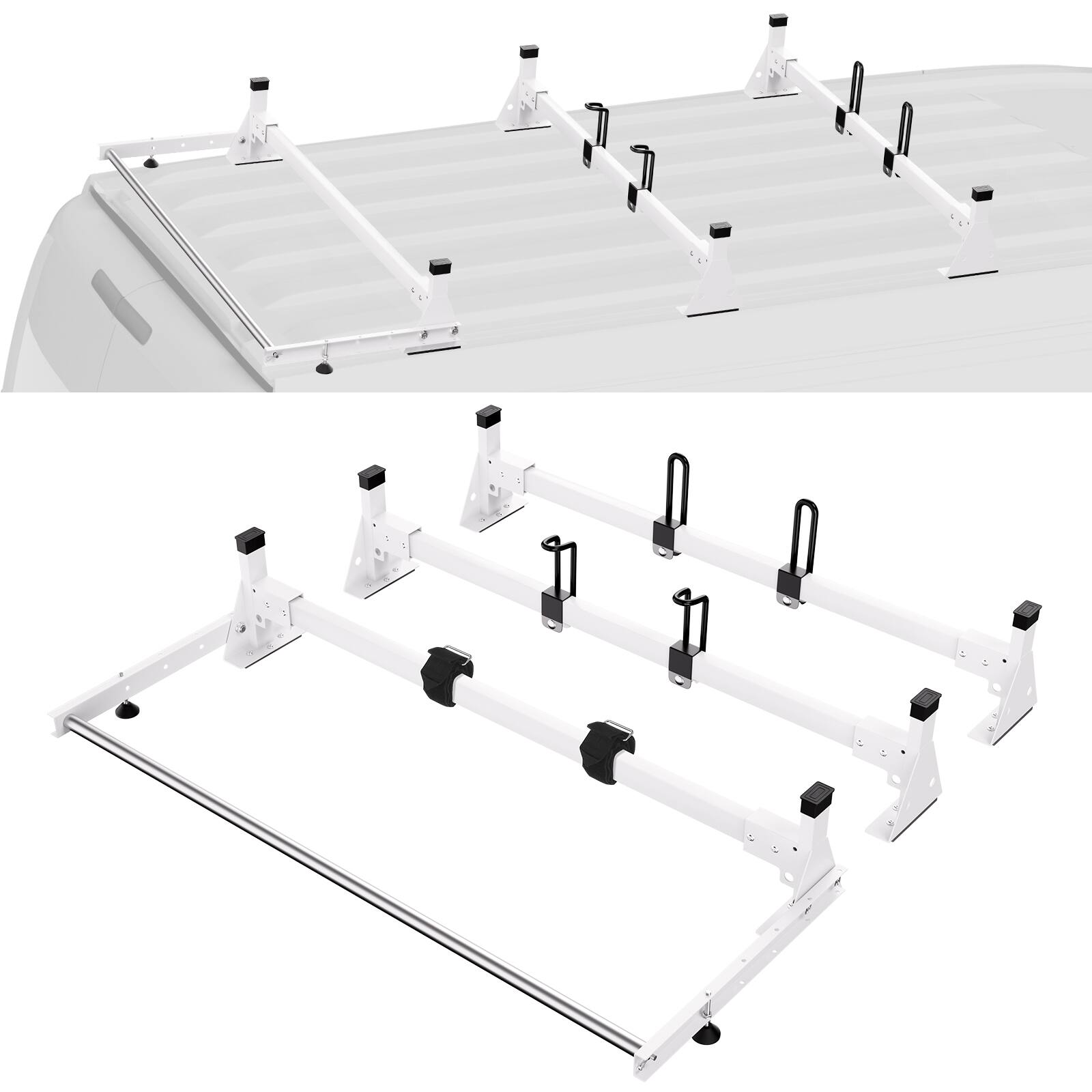 Front. VEVOR - Trailer Ladder Rack, 54" 3 Crossbars Ladder Roof Rack, Heavy-duty Steel Van Roof Rack, 800 lbs Capacity Van Ladder Rack - White.