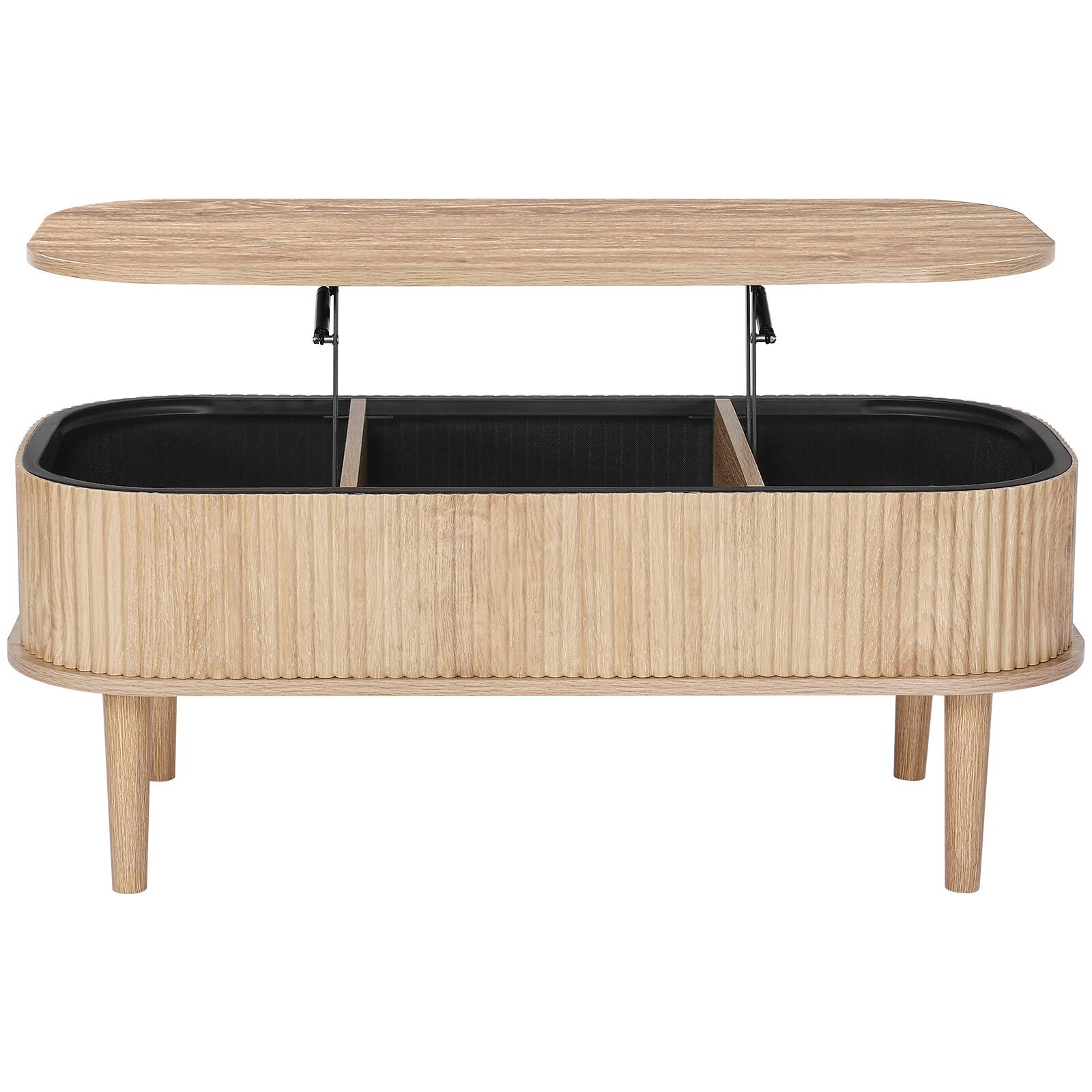 Alt View 5. VEVOR - 39.4 in Lift Top Coffee Table, Fluted Oval Coffee Table with 3 Hidden Compartment, Mid Century Wooden Oval Center Desk - Natural Wood.