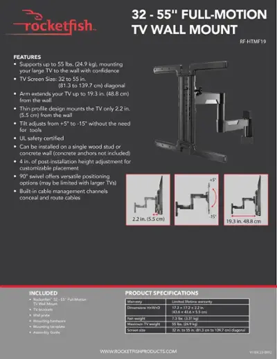 Rocketfish™ - Full-Motion TV Wall Mount for Most 32”-55” TVs - Black