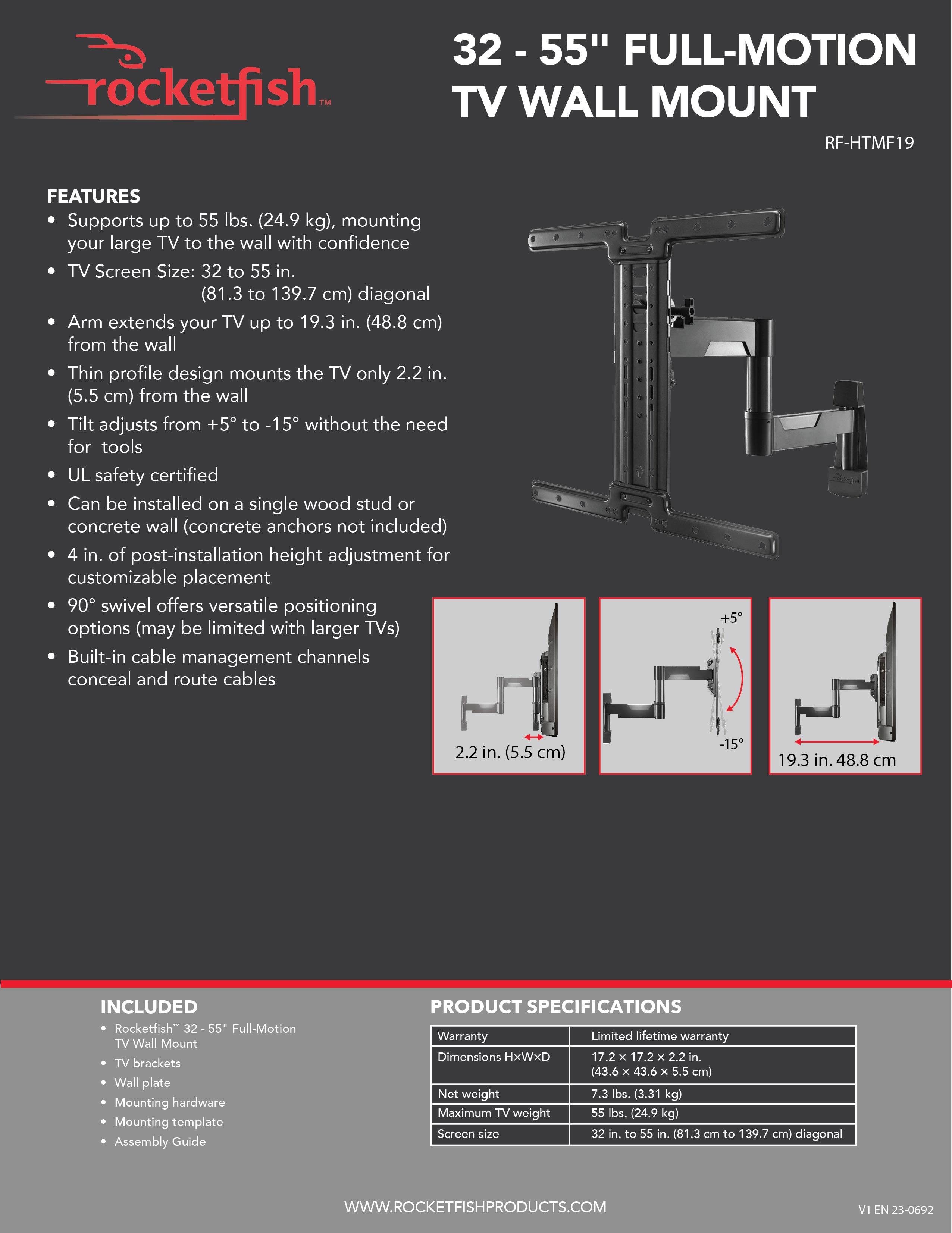 The image features a Rocketfish 32-55" Full-Motion TV Wall Mount, which supports up to 55 lbs (24.9 kg) and is designed to mount a TV on the wall with a diagonal screen size of 32 to 55 inches (81.3 to 139.7 cm). The arm extends the TV up to 19.3 inches (48.8 cm) from the wall, and the thin profile design mounts the TV only 2.2 inches (5.5 cm) from the wall. The tilt adjusts from +5 to -15 without the need for tools, and the mount is UL safety certified. It can be installed on a single wood stud or concrete wall, with 4 inches of post-installation height adjustment for customizable placement. The 90 swivel offers versatile positioning options, and the built-in cable management channels conceal and route cables. The product comes with a limited lifetime warranty, and the dimensions are HxWxD 17.2 x 11.2 x 1.2 inches (43.7 x 28.4 x 3.0 cm).