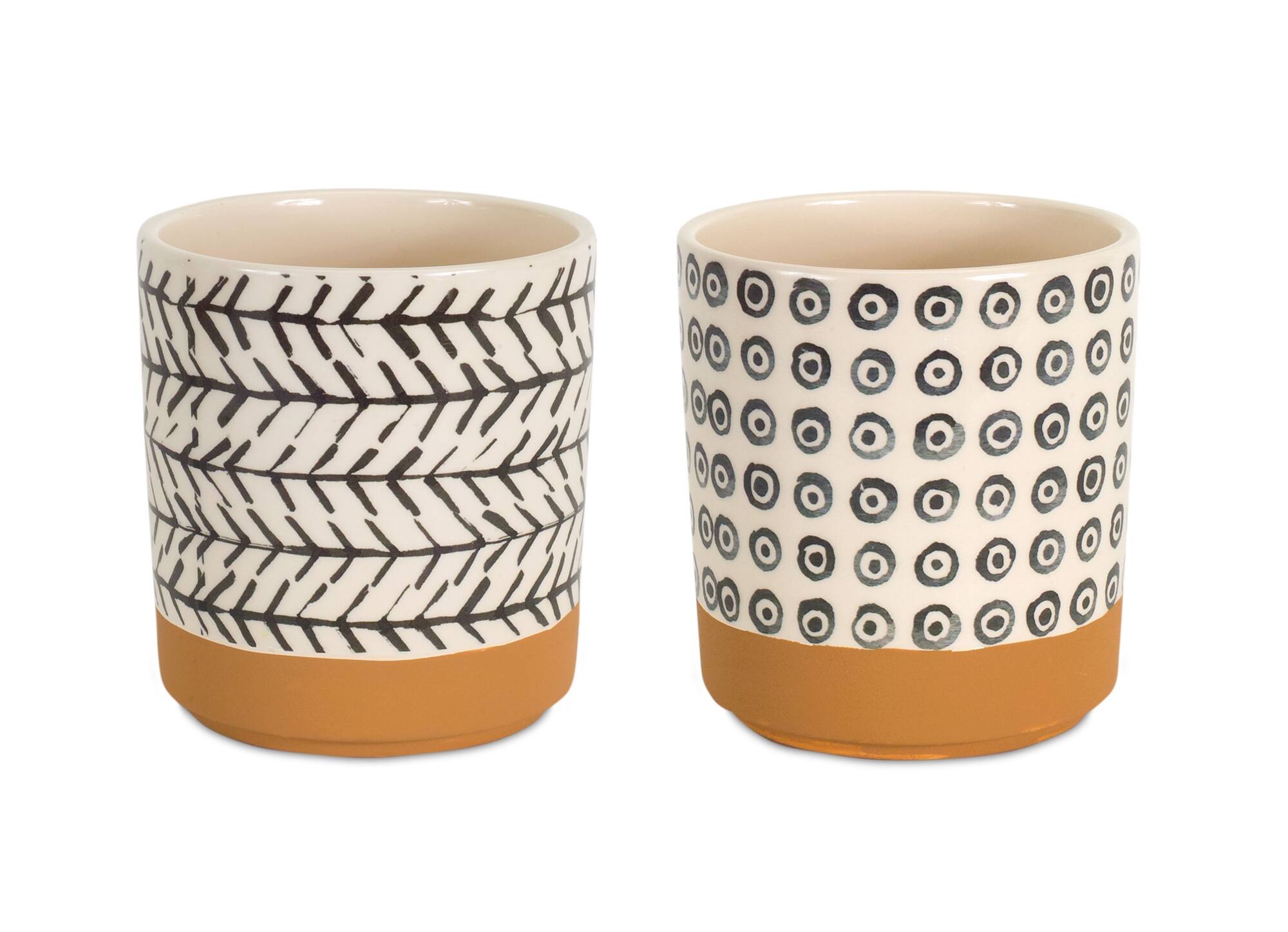 Left. BreeBe - Geometric Patterned Pot with Terra Cotta Accent (Set of 4) - Brown, White.
