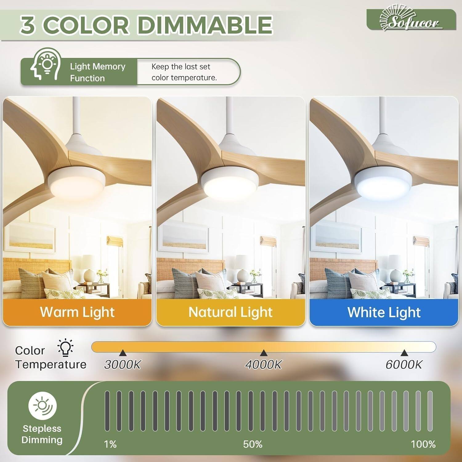 3 COLOR DIMMABLE

Light Memory Function  
Keep the last set color temperature.

Warm Light  
Natural Light  
White Light

Color Temperature  
3000K  
4000K  
6000K

Stepless Dimming  
1%  
50%  
100%