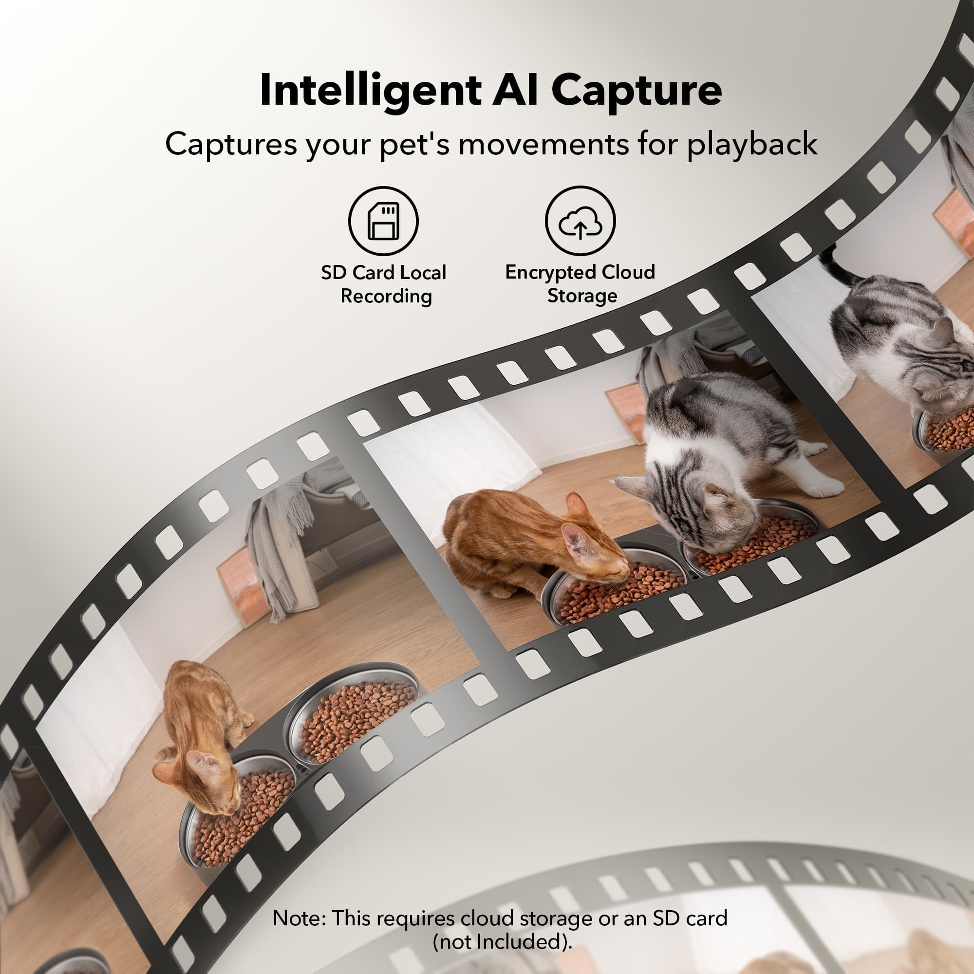 Intelligent AI Capture captures your pet's movements for playback. It features SD card local recording, encrypted cloud storage, and a note that states that an SD card or cloud storage is required (not included).