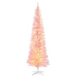 BreeBe - 7 ft Tall Pre-Lit Slim Noble Fir Artificial Christmas Tree with 200 Warm White LED Lights and 499 Tips - Pink