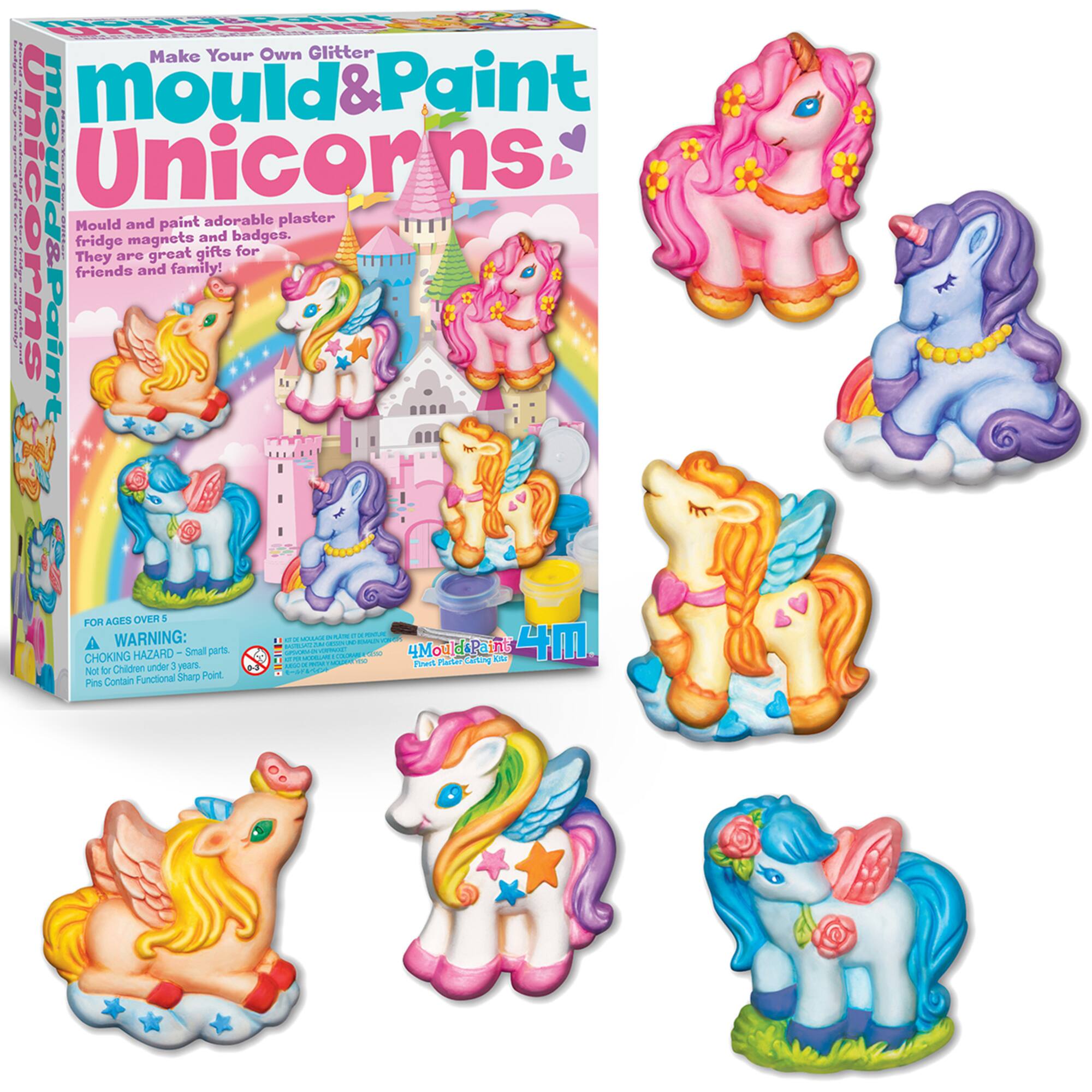 Make Your Own Glitter  
Mould & Paint  
Unicorns  

Mould and paint adorable plaster fridge magnets and badges. They are great gifts for friends and family!  

FOR AGES OVER 5  

WARNING:  
CHOKING HAZARD - Small parts. Not for children under 3 years.  
Contains Functional Sharp Point.