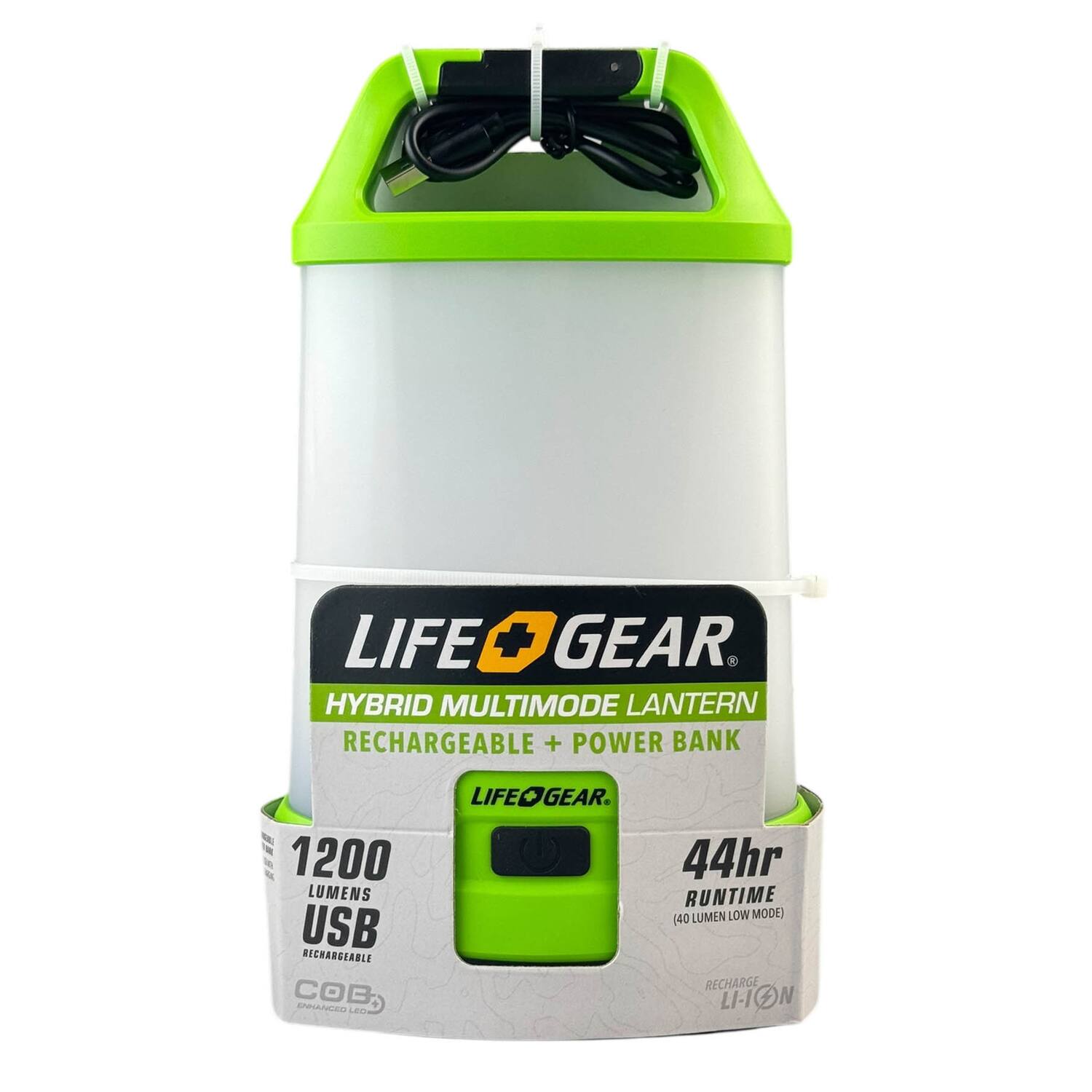 LIFE + GEAR HYBRID MULTIMODE LANTERN RECHARGEABLE + POWER BANK  
1200 LUMENS USB RECHARGEABLE COB  
44hr RUNTIME (40 LUMEN LOW MODE)  
RECHARGE LI-ION