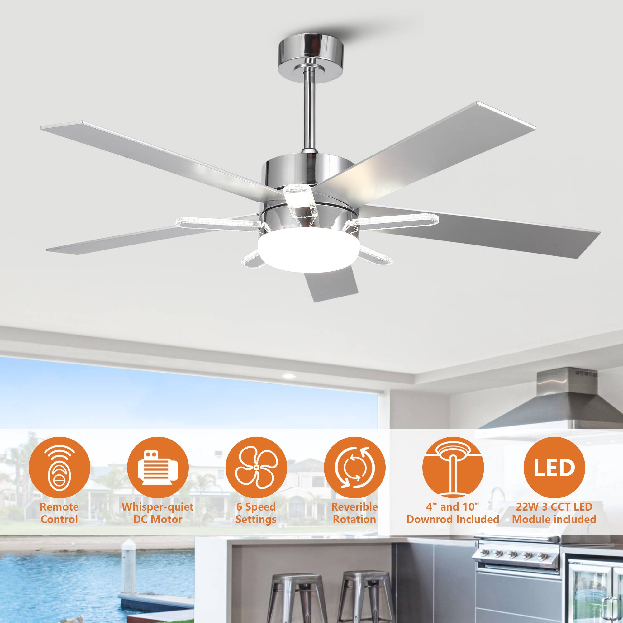 - Remote Control
- Whisper-quiet DC Motor
- 6 Speed Settings
- Reversible Rotation
- 4" and 10" Downrod Included
- 22W 3 CCT LED Module included
