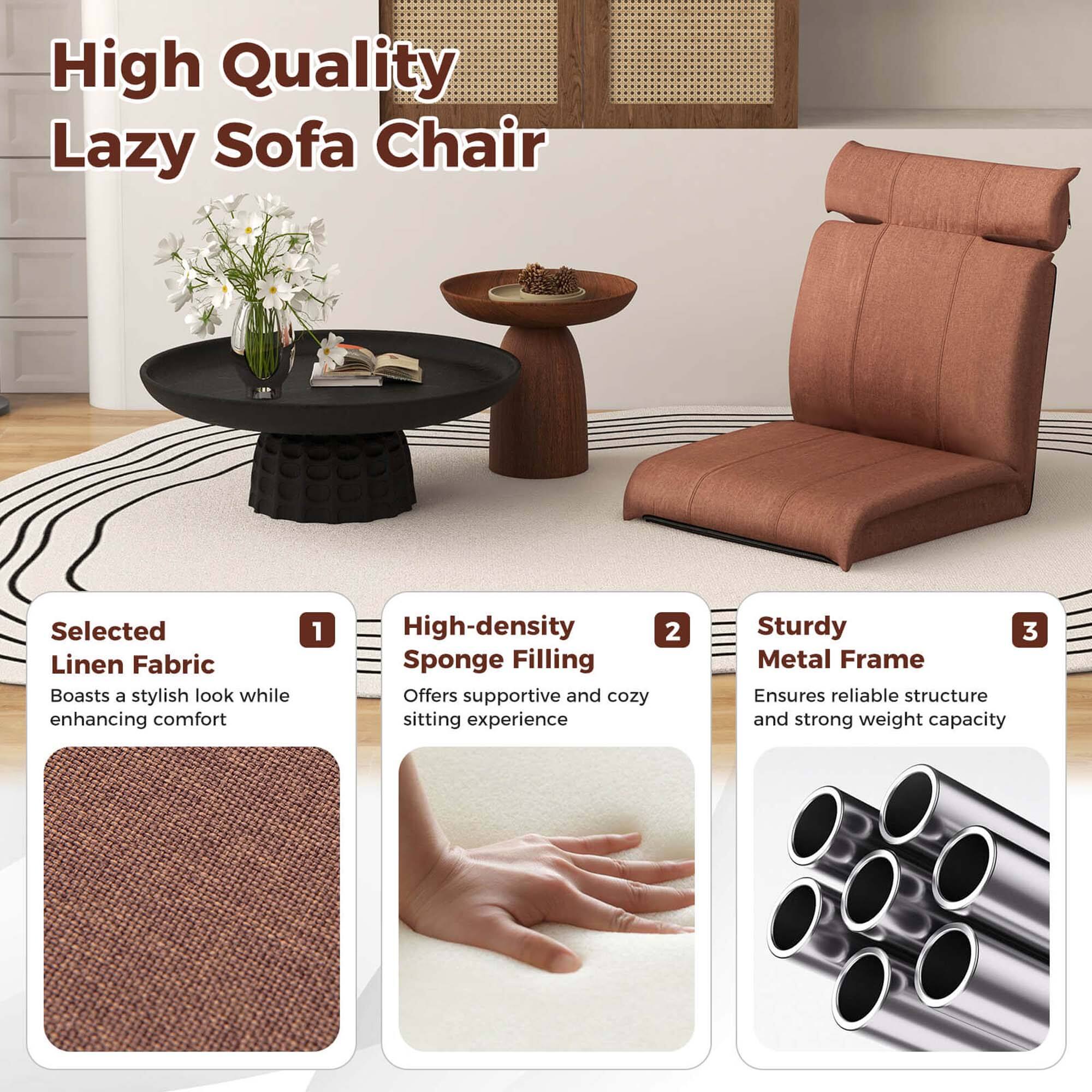 High Quality Lazy Sofa Chair

1. Selected Linen Fabric  
Boasts a stylish look while enhancing comfort

2. High-density Sponge Filling  
Offers supportive and cozy sitting experience

3. Sturdy Metal Frame  
Ensures reliable structure and strong weight capacity