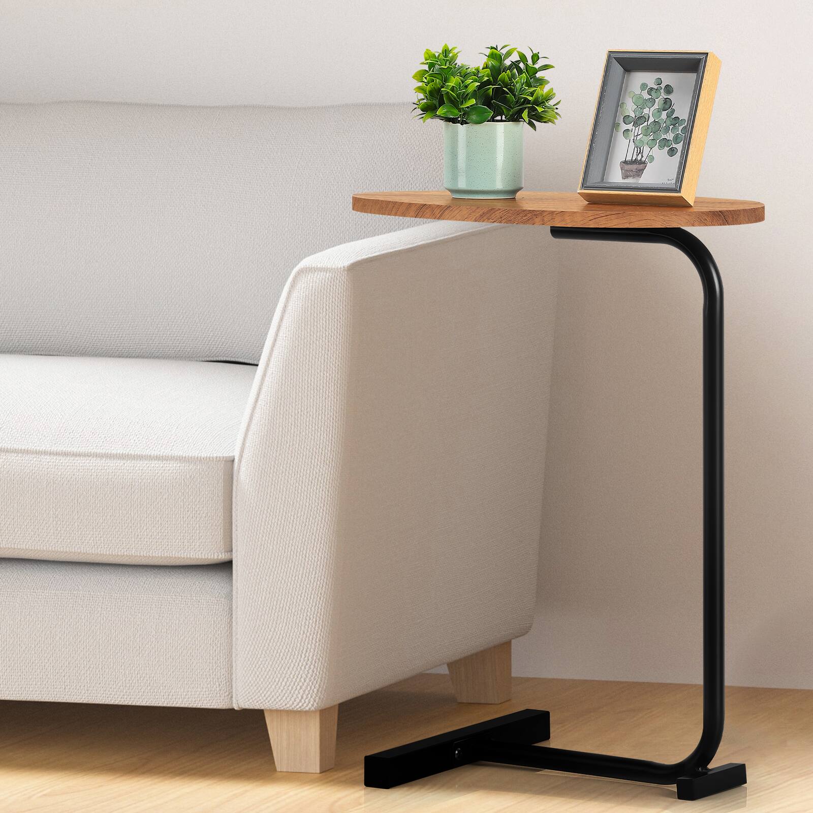 Angle. Oumilen - C-Shaped Side Table with Faux Marble Top, Brown - Brown.