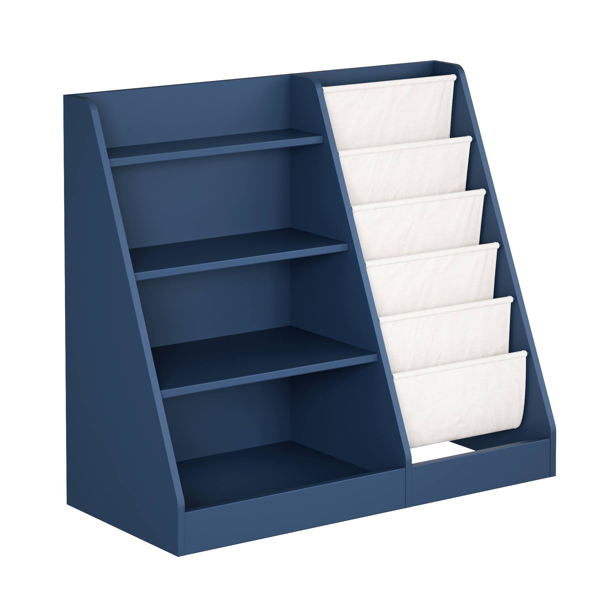 Alt View 2. APRILSOUL - 35 in. Wide Blue Finish 4 Shelf Bookcase with Cotton Linen Storage Sling Pockets - Blue.