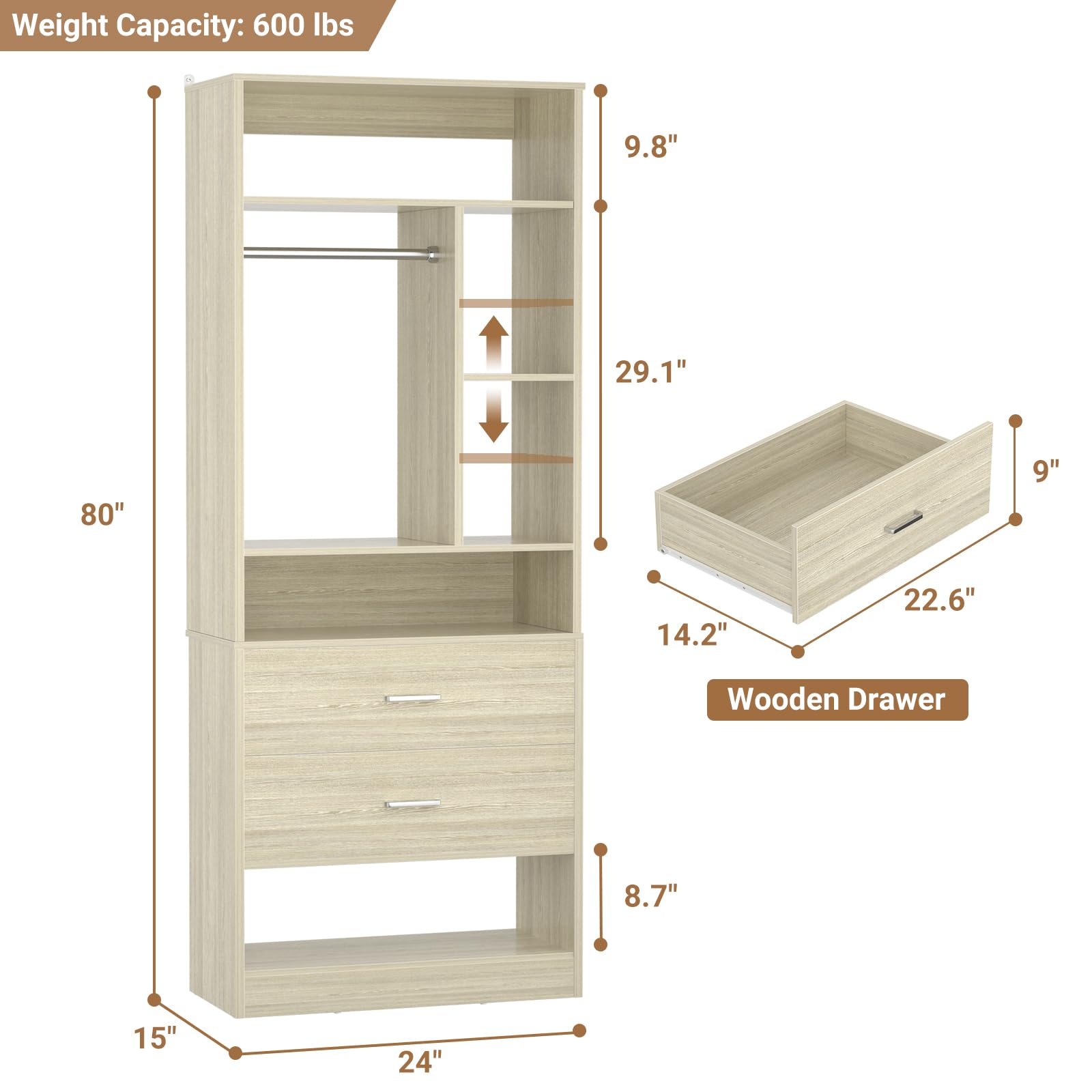 Weight Capacity: 600 lbs

9.8"  
29.1"  
80"  
9"  
14.2"  
22.6"  
Wooden Drawer  
8.7"  
15"  
24"
