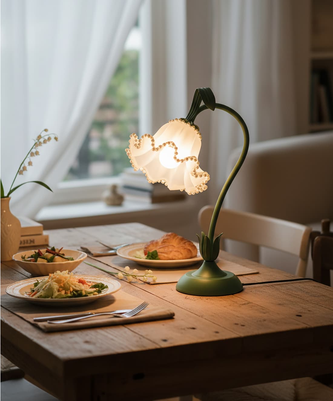 Alt View 3. FINEAK - Flower Table Lamp - 3-Color LED Night Light, Kawaii Decor (Green Pearls) - Green.