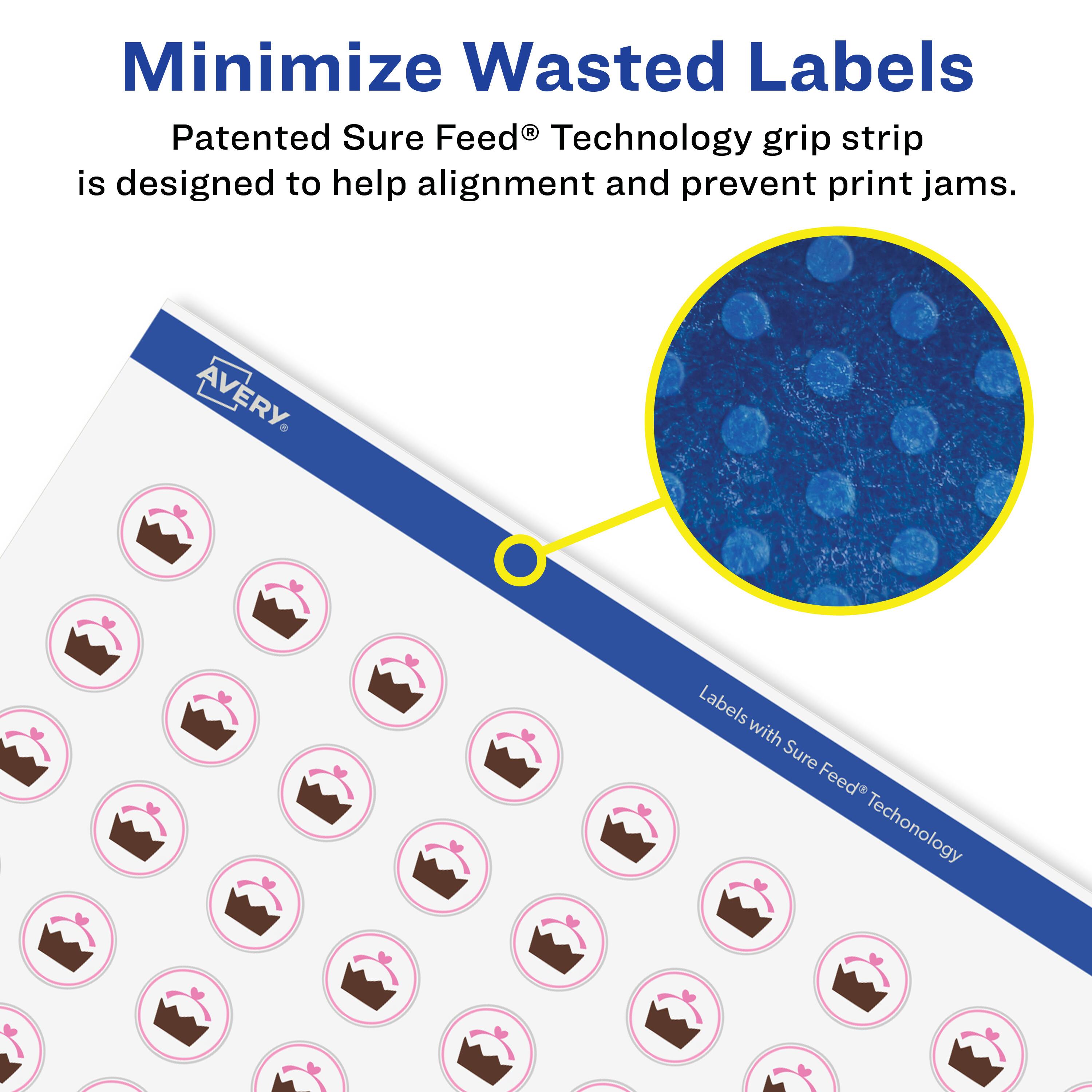 Minimize Wasted Labels

Patented Sure Feed® Technology grip strip is designed to help alignment and prevent print jams.

AVERY Labels with Sure Feed® Technology