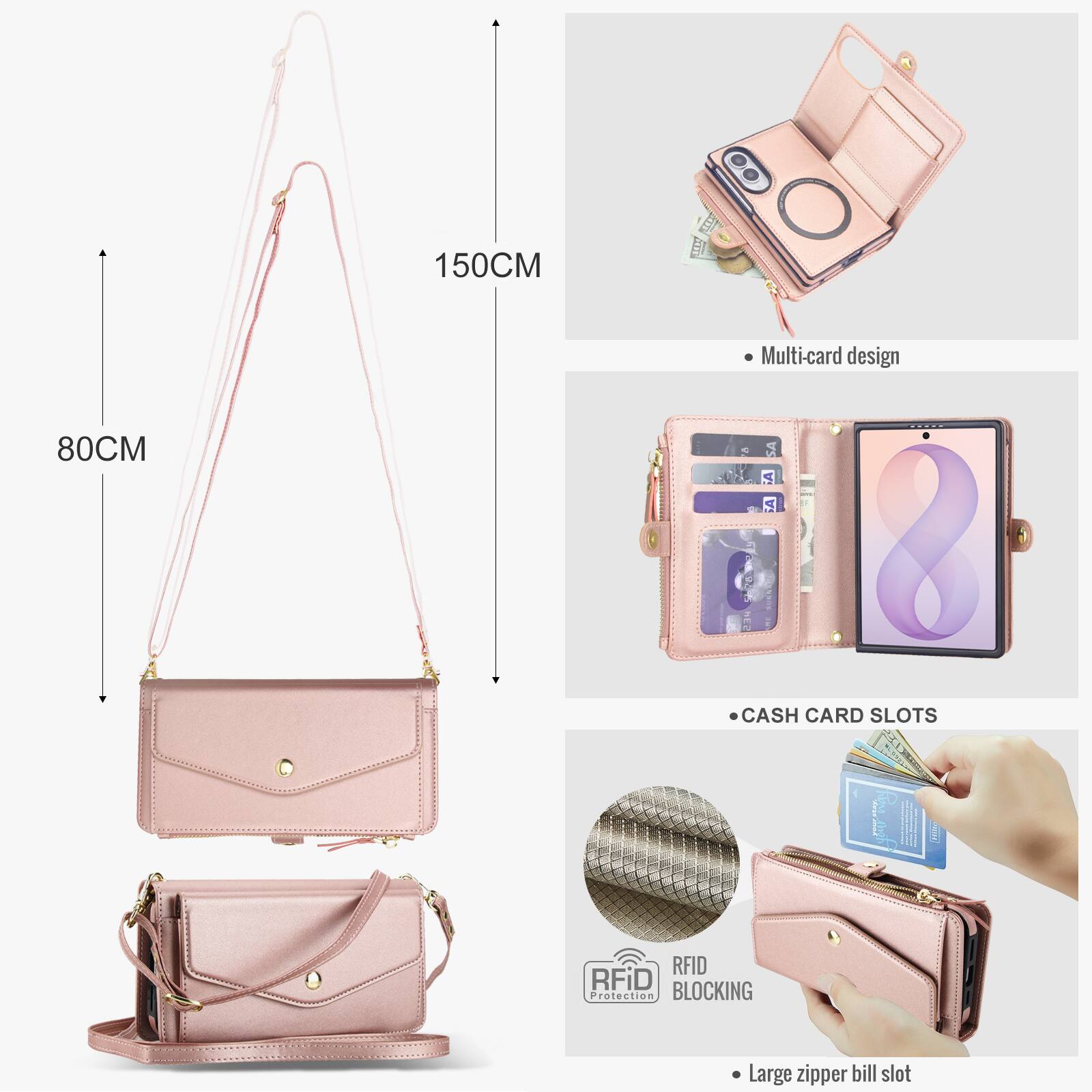 150CM  
80CM  
Multi-card design  
CASH CARD SLOTS  
RFID Protection BLOCKING  
Large zipper bill slot