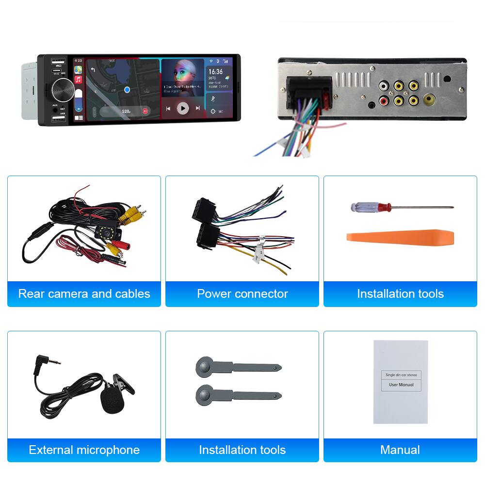 - Rear camera and cables
- Power connector
- Installation tools
- External microphone
- Installation tools
- Manual
