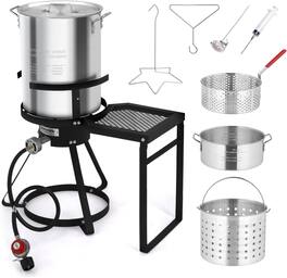 Winado - 4PCS 30QT Turkey Fryer 10QT Fish Fryer with Propane Burner Stand, Deep Pot Thermometer Turkey Rack Lifter for Outdoor - Silver