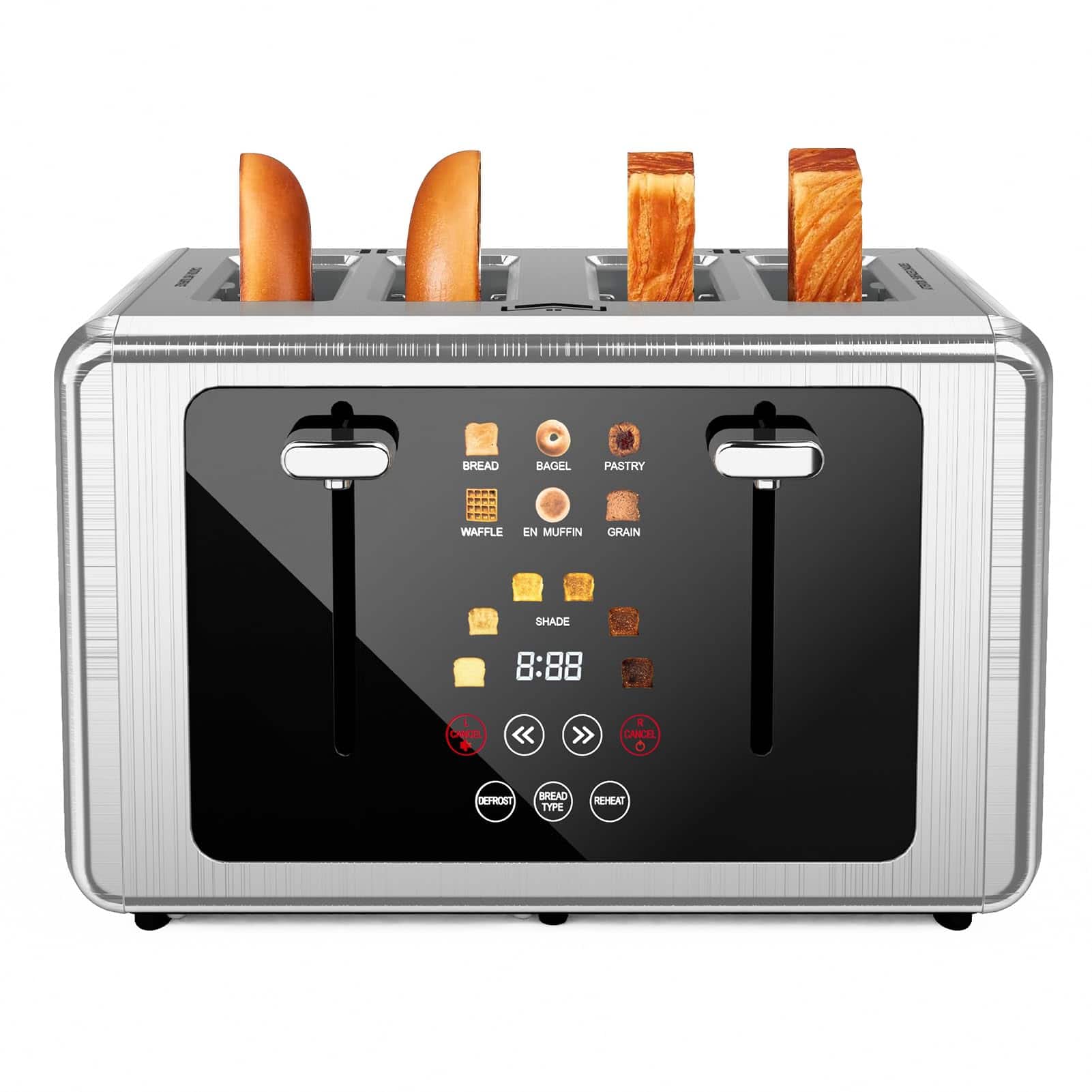 WUNLY - 4 Slice Toaster, Touchscreen & Dual Independent Control Panel,5 Basic Functions & Digital Countdown - Gray