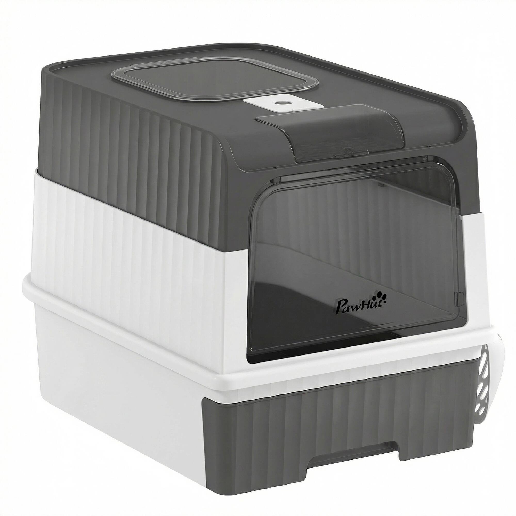 Front. Pawhut - Litter Box Hooded Cat Litter Tray with Drawer Pan Front Entry & Top Exit Easy Cleaning - Gray.