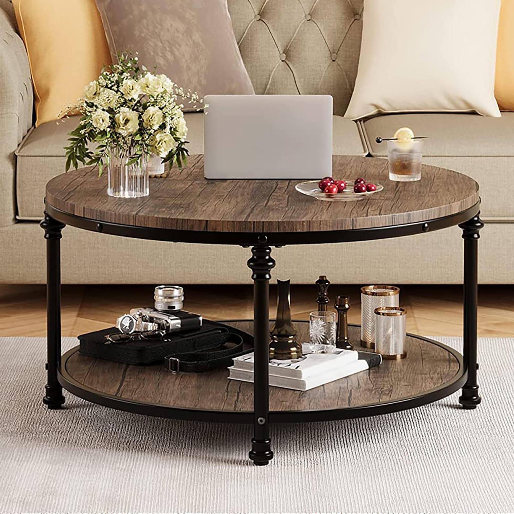 Left. Jojoka - 34 inch Round Coffee Table 2-Tier Wood Coffee Table with Storage Shelf Circle Center Table - Brown.