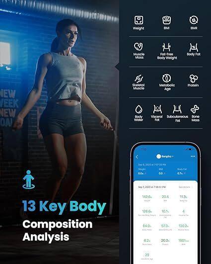 Weight  
BMI  
BMR  
Muscle Mass  
Fat-free Body Weight  
Body Fat  
Skeletal Muscle  
Metabolic Protein  
Age  
Body Water  
Visceral Fat  
Subcutaneous Fat  
Bone Mass  
Renpho  
0.0m  
7:00 PM 0.0  
Body 07%  
Sep 7, 2022 x  
06  
13 Key Body Composition Analysis  
142.6 128.6 040 6.2%  
204 10.1 573 20.2  
11.3% 4 120.2 MADE 1501  
20