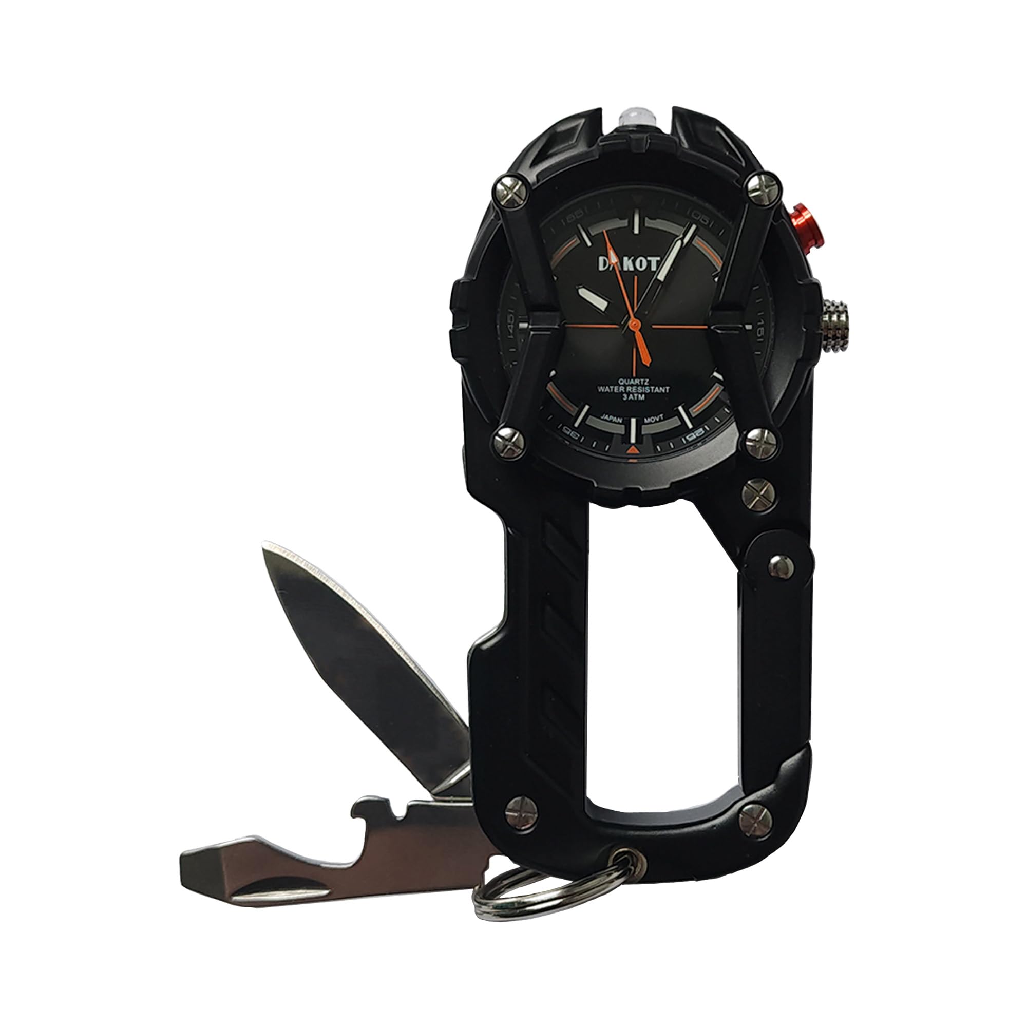 Dakota - Multitool Clip Watch for Men–|100ft Water Resistant Clip-On with LED Light, Bottle Opener, Screwdrive & Carabiner - Black