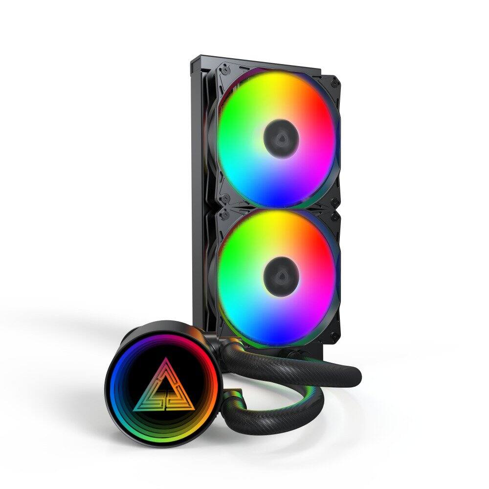 Angle. Montech - LightFlow ARGB 240 CPU Liquid Cooler, 240mm AIO with Infinity Mirror Design, 3100RPM Pump, 2x120mm ARGB Fans - Black.
