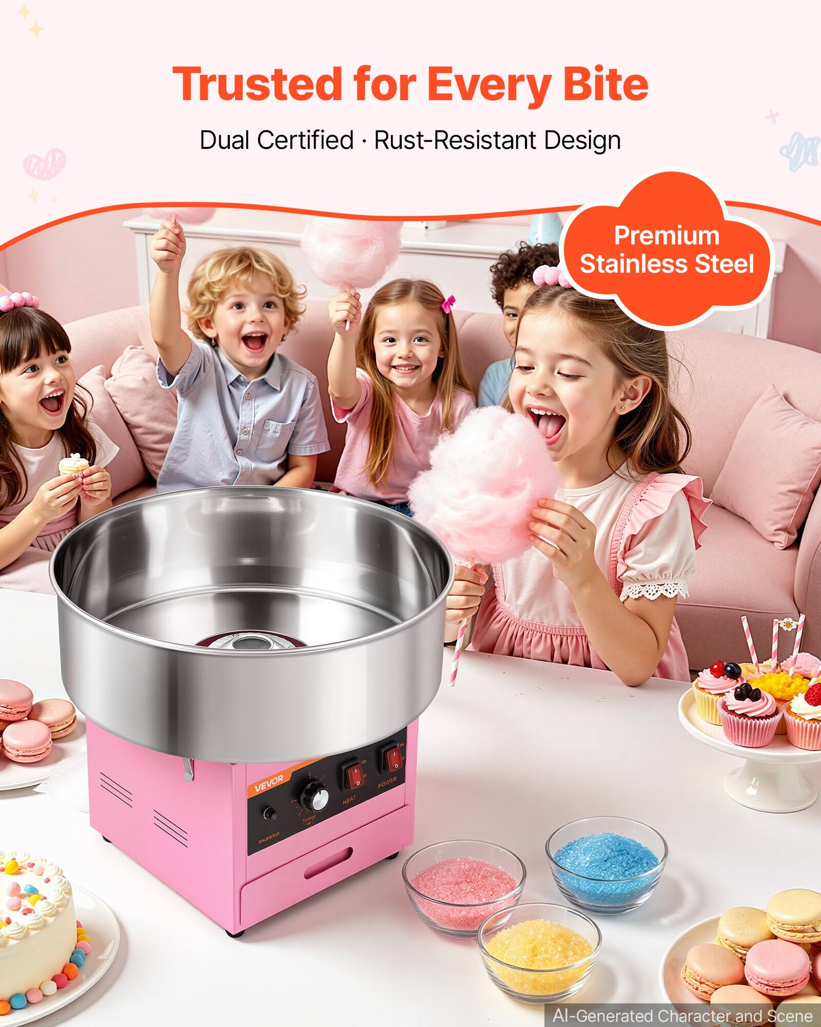 Trusted for Every Bite  
Dual Certified • Rust-Resistant Design  
Premium Stainless Steel  
VEVOR  
POWER  
2020120  
AI-Generated Character and Scene