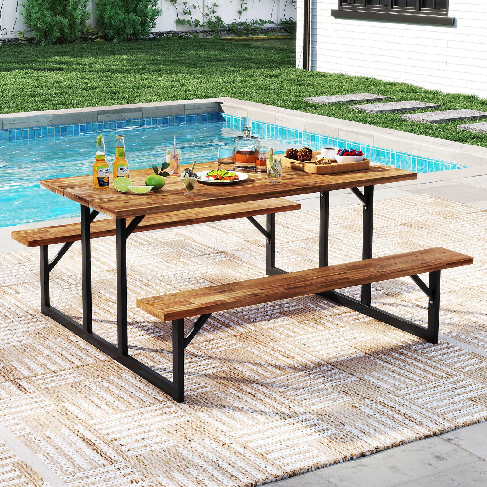 Alt View 7. Costway - Costway 6-Person Acacia Wood Picnic Table with 2 Built-In Benches Umbrella Hole Metal Frame - Brown,Black.
